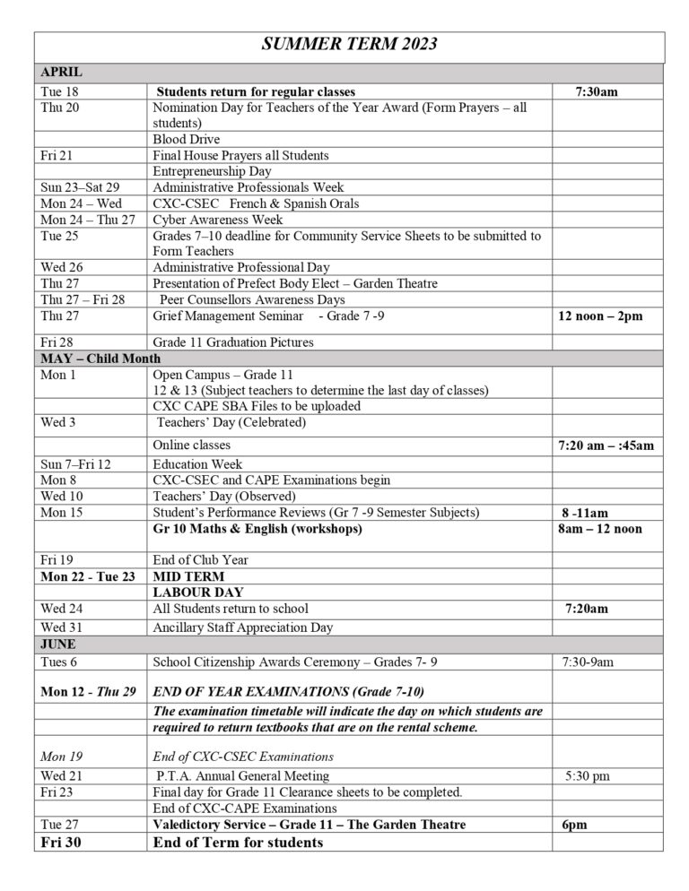 Student Calendar St. Andrew High School for Girls